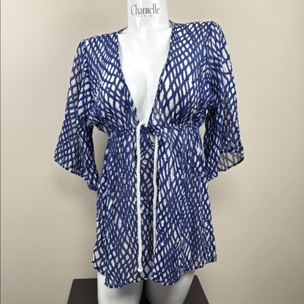 Milly Blue and White 3/4 Sleeve nautical Tie Front swimCover large